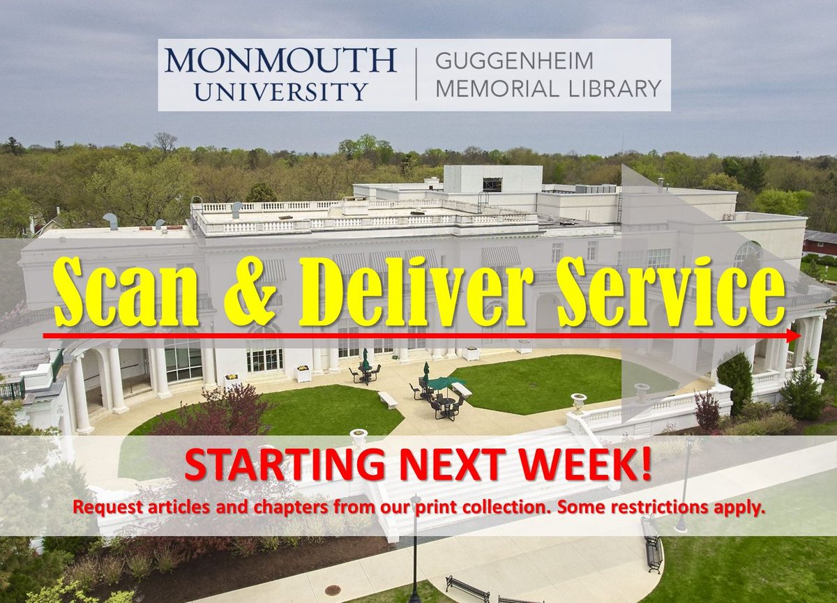 MonmouthLibrary's tweet photo. Need something we hold only in print format? We'll scan and email it to you (some restrictions apply) starting next week. Request form coming soon! #ExploreDiscoverCreate #HawksRead #ScanAndDeliver @monmouthu https://t.co/DNVzCPG75G
