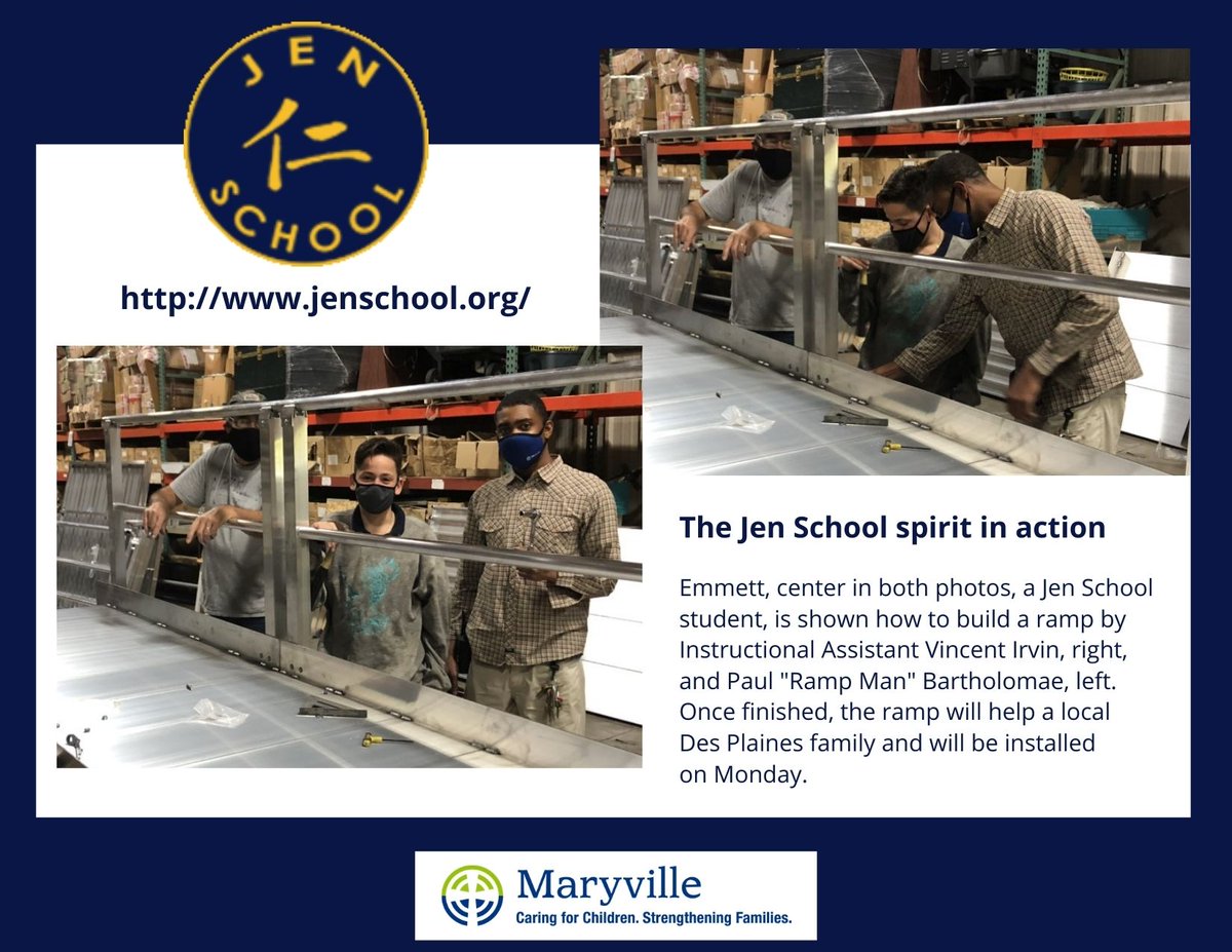 MaryvilleAcadem's tweet photo. At #Maryville, an #actofkindness is the Maryville & @JenSchool2 way! #ThankYou to Paul "Ramp Man" Bartholomae & teacher Vince Irvin 4 showing Emmett, a #JenSchool #student, how to build a ramp that will help a #DesPlaines family. #makingaifference #lifelonglearning #leadbyexample https://t.co/zBAGhUdQq1