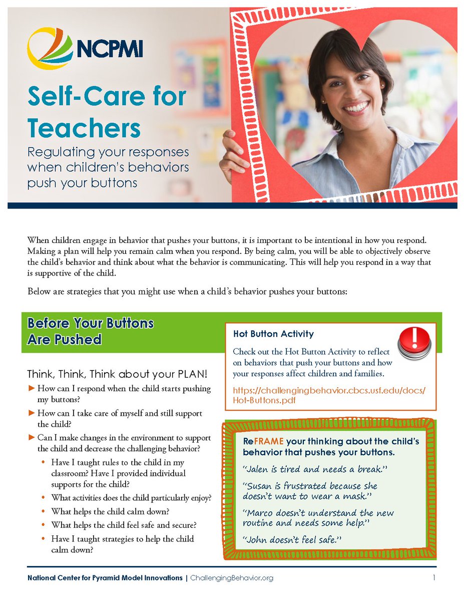 PyramidModel's tweet photo. New #PyramidModel resource!
"Self-Care for Teachers: Regulating your responses when children’s behaviors push your buttons"
Download it from our resource library:
https://t.co/GWt6lqcG7z https://t.co/GSsLCdIXSl