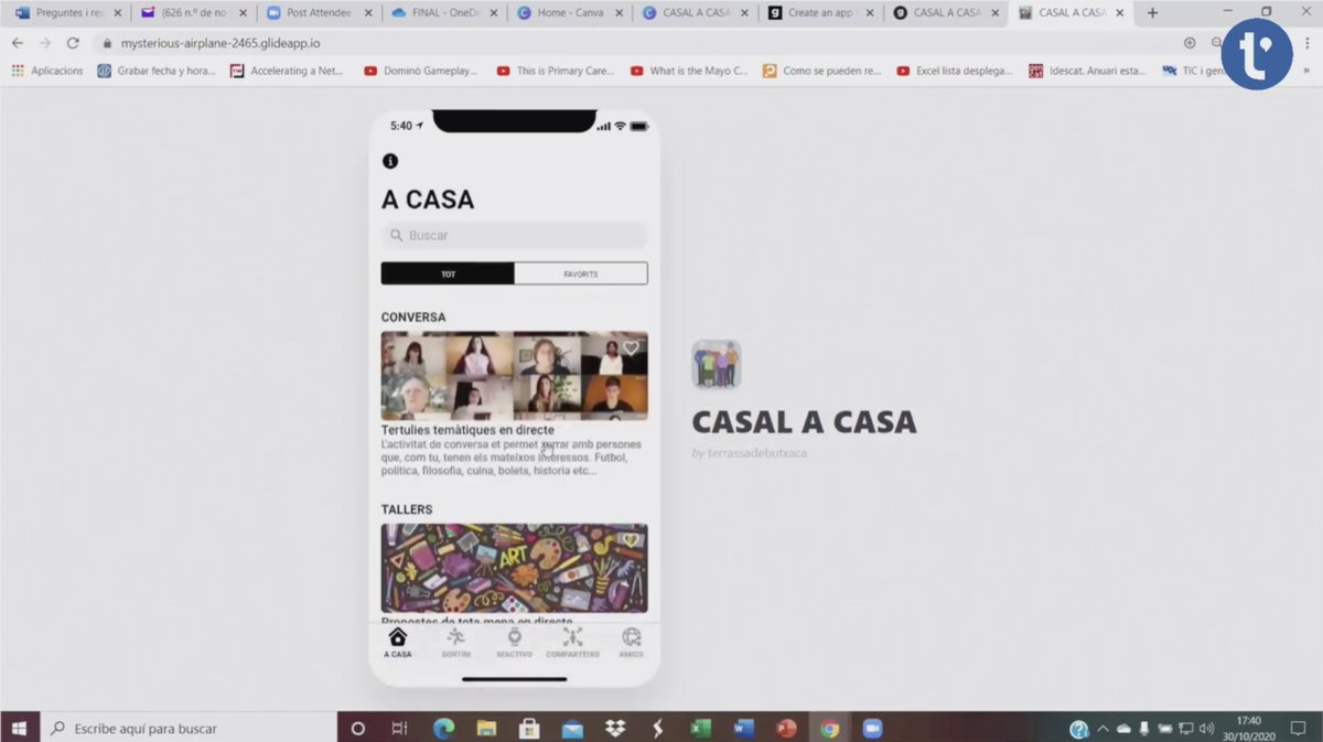 Tactiva_cat's tweet photo. 3️⃣ El tercer grup és #Terrassadebutxaca, format per @apuigtobella, José David Sierra, @albertsarle i Mª Assumpció Tobella 📲 El seu projecte Casal a Casa és una plataforma de continguts i activitats que respon al repte de la Comunicació 💬 #Tactiva2020 https://t.co/SPnU4VYwZx
