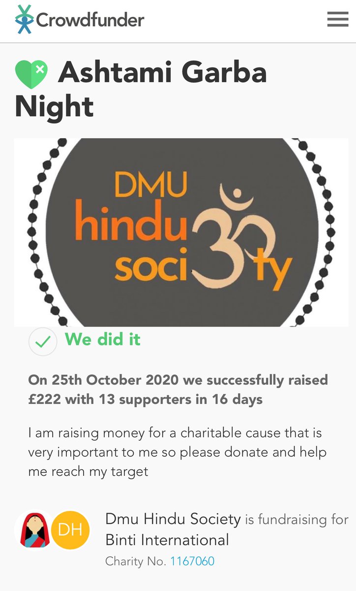 DMU Hindu Society would like to announce that we raised £222 during Navratri.

We could not have done this without everyone donating and sharing the event.

As a reminder the money was raised because Navratri is all about Shakti and we wanted to help girls all around the world.