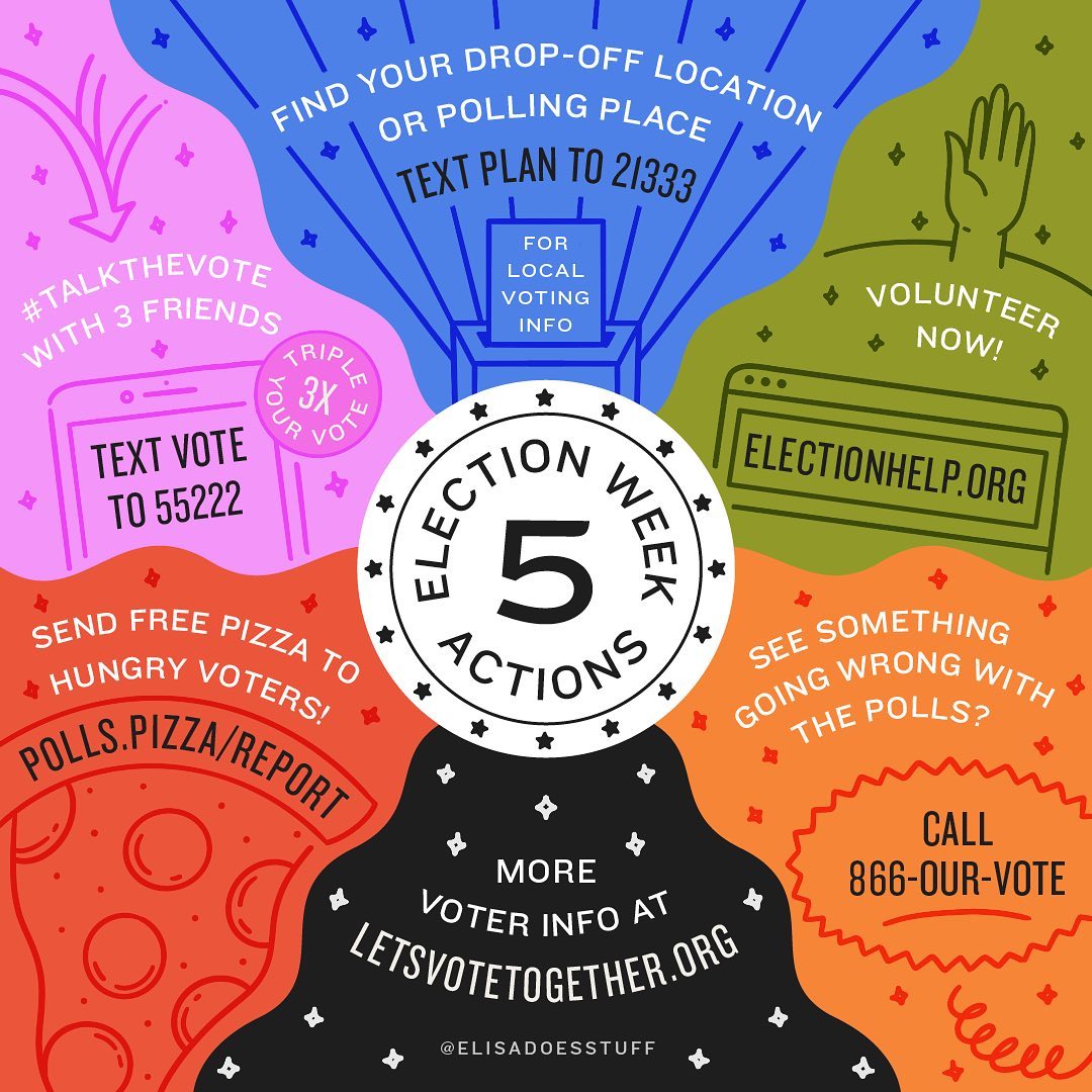 realmonaghan's tweet photo. Election Week is coming up, folks! Here is everything you need to know – save it and share with friends. Let's show up: VOTE, volunteer, send pizzas, report voter suppression. We're all in this together. 💯 #ElectionActions https://t.co/EEH0nHGZPo https://t.co/e69wO4iuCu