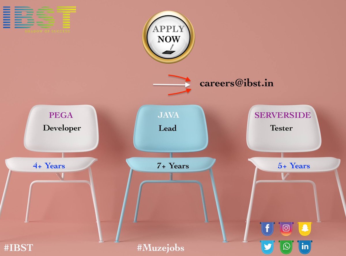 ibstviz's tweet image. Urgent Requirement for Immediate Joiners
For hot requirement please share your resume : careers@ibst.in or resume@ibst.in
#pegadeveloper #javalead #serverside #testers #bangalorejobs #hyderabadjobs #chennaijobs #punejobs #indiajobs #ibst #muzejobs #godigitalz #resume #jobs