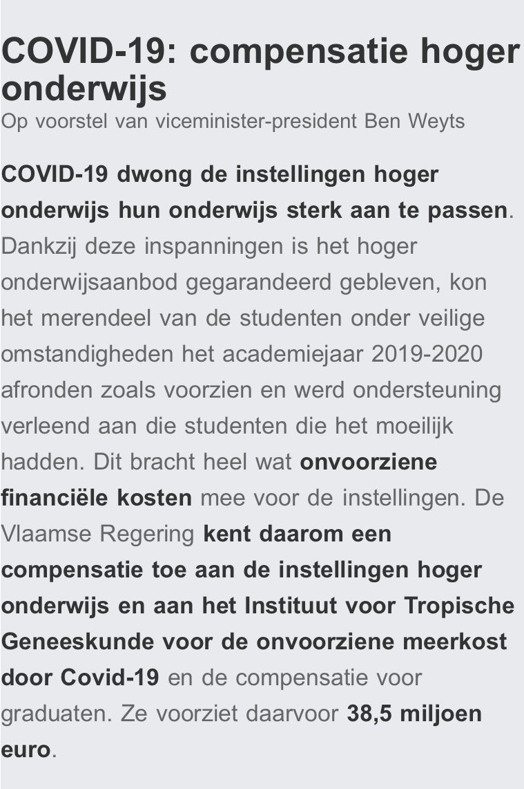 De Vlaamse Regering besliste zonet om met bijna €40 miljoen de universiteiten en hogescholen te compenseren voor de ‘coronakosten’ gemaakt tijdens het vorige academiejaar. Een mooie erkenning voor de gedane inspanningen, en voor diegene die ze de komende maanden nog zullen doen.
