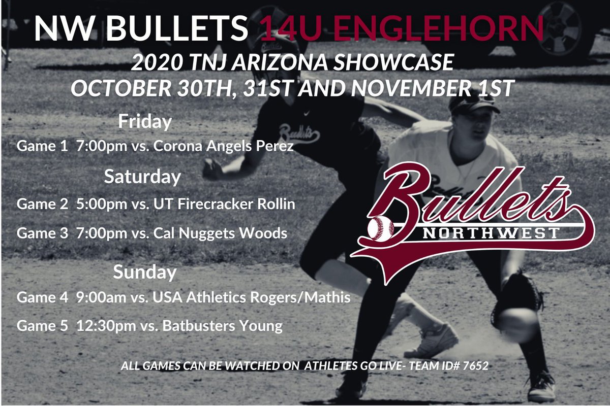 NWBulletsSB's tweet image. 🥎14U NW Bullets Englehorn are in Scottsdale for the TNJ Arizona Fall Invitational 10/30-11/1 Live-streaming by Athletes Go Live-Team ID# 7652🥎Check out the 14’s schedule below @AshlynEnglehorn @campos0478 @MuirDennis #NWbulletsEnglehorn #NWBullets #GoBullets #14u