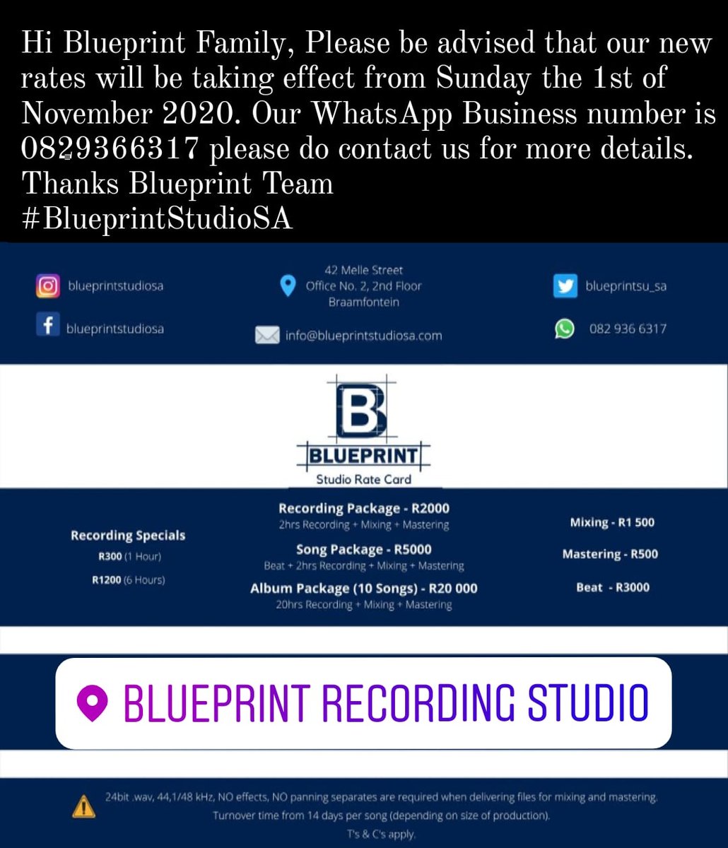 Blueprintstu_sa's tweet photo. Hi Blueprint Family, Please be advised that our new rates will be taking effect from Sunday the 1st of November 2020. Our WhatsApp Business number is 0829366317 please do contact us for more details.
Thanks Blueprint Team
#BlueprintStudioSA https://t.co/0OVYpyrlEi