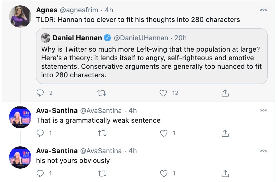 Rebartic's tweet image. Ada's second tweet is only 4 words long, yet is 'grammatically weak' on a scale that dwarfs Hannan's tweet.

#OADA