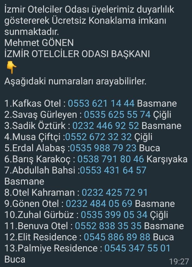 DepremHA's tweet photo. İzmir'de Depremden zarar görmüş kişiler arasında konaklama sorusu yaşayanlar var ise, buradaki numaraları arayarak konaklayabilir. #deprem #izmir #depremizmir #depremha https://t.co/f3D0ACm2wW