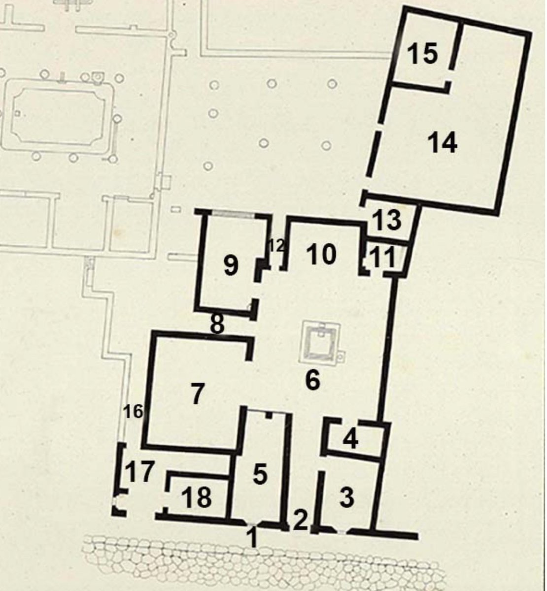 The home is located towards the middle of Pompeii and is actually a result of two houses being merged together in the 1st century BC [3]. Looking at a plan of the house below, I might guess that rooms 14 and 15 originally belonged to a separate home. /4