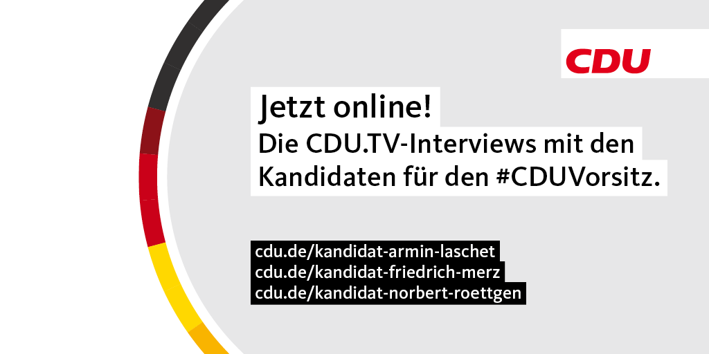 CDU's tweet photo. JETZT online: Die #CDUTV-Interviews mit @ArminLaschet, @n_roettgen & @_FriedrichMerz! 🎥 #CDUVorsitz
👉 https://t.co/5z8uTAr5t7
👉 https://t.co/NSovFZIVvw
👉 https://t.co/z2oVksOd6s https://t.co/hlNQdascRu