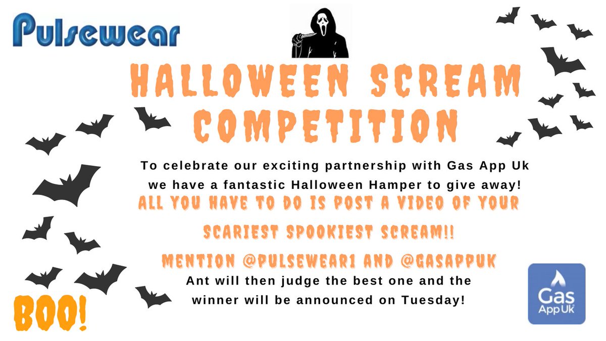 Pulsewear1's tweet photo. HAPPY HALLOWEEN FROM THE PULSEWEAR TEAM! 
To be in with a chance of winning our fab Halloween hamper post your video and mention @pulsewear1 and @gasappuk. Please don't forget to follow us and retweet!

Competition ends 5pm Mon 2nd Nov

#halloween #scream #gasappuk #RT https://t.co/zUeL1F1d3x