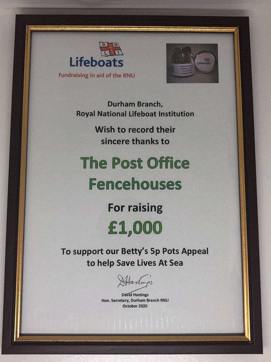 DurhamRNLI's tweet photo. Very grateful thanks to customers and staff at Fencehouses @PostOffice helping the @RNLI #SavingLivesAtSea by #fundraising with #Bettys5pPots - over £1,000 raised so far! https://t.co/C5KiqcZI1l