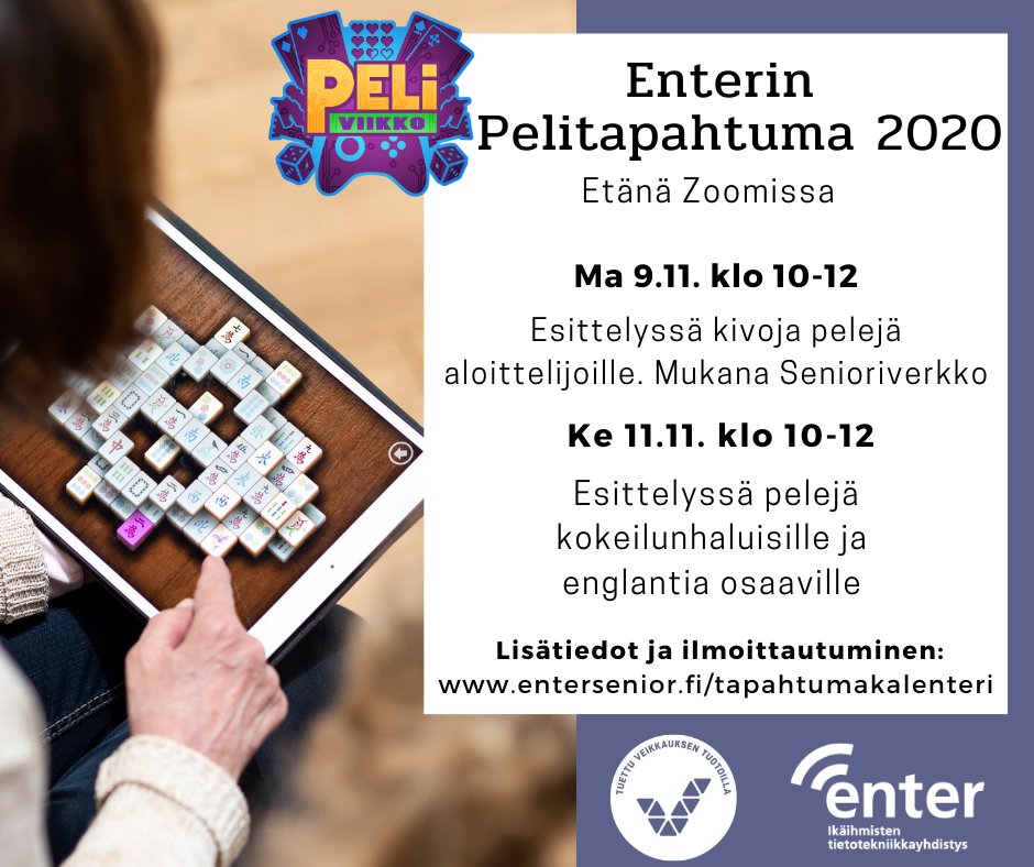 entersenior's tweet photo. Tule tutustumaan peleihin! Enterin pelitapahtuma senioreille ma 9.11. & ke 11.11. klo 10-12 etänä Zoomissa. Lisätiedot ja ilmoittautuminen: https://t.co/fWbVuDhD0B
#enteropastaa #peliviikko #seniorit #steatukee @peliviikko @SenioriVerkko https://t.co/ioGOeCyC1F