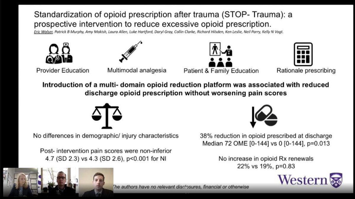CUSEC_Surgery's tweet photo. Dr. Eric Walser @ewwalser from Western University presents "Standardization of opioid prescription after trauma (STOP- Trauma): A prospective intervention to reduce excessive opioid prescription"

#CCASE2020 https://t.co/knNKZMPwry