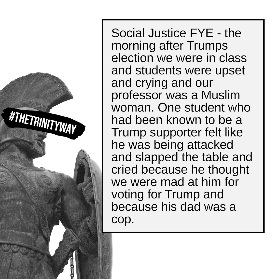 “...One student who had been known to be a Trump supporter felt like he was being attacked and slapped the table and cried because he thought we were mad at him for voting for Trump and because his dad was a cop.” #TheTrinityWay #TrinityUniversity