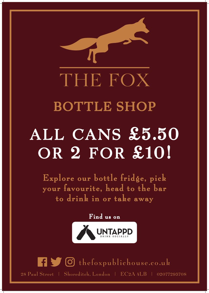 All our Craft Cans are 2 for £10 here at the #FoxBottleShop Come in and try out your favourite tipple #beer #lager #paleale #beerlovers #bar #pub #thefoxhoreditch #London