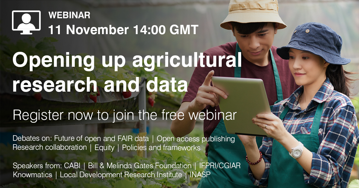 CABI_News's tweet photo. Interested in #agriculture and #opendata? Register now to join our free webinar on ‘Opening up agricultural research and data’ on 11 November, 14:00 GMT https://t.co/H5u5c7bJcu #openaccess https://t.co/KT00pLbJ4t