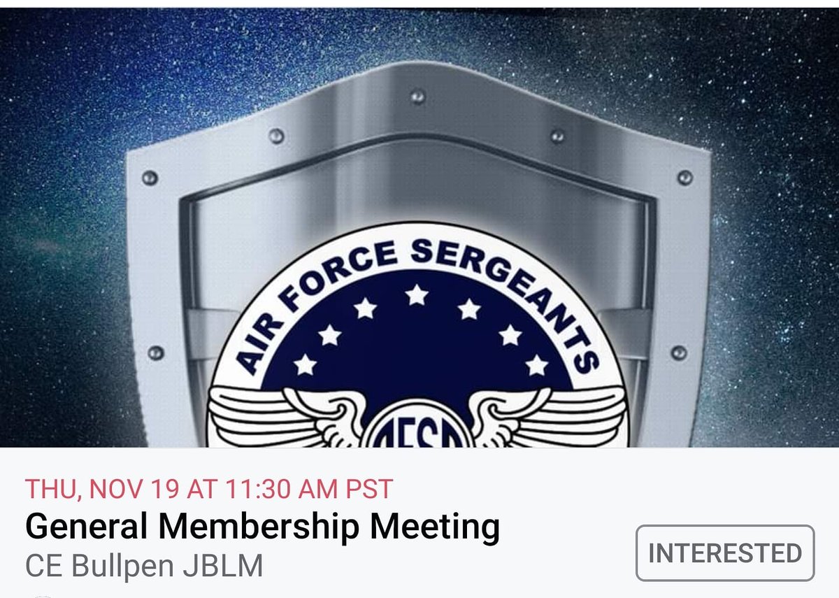 AFSA Chapter 1461 members, next month's meeting will be held on the third Thursday due to Thanksgiving. Each meeting is held at 1130 in the CE Bullpen. Hope to see you all there! 
#AFSA #mcchord #mcchordafb #mcchordfield #jblm
