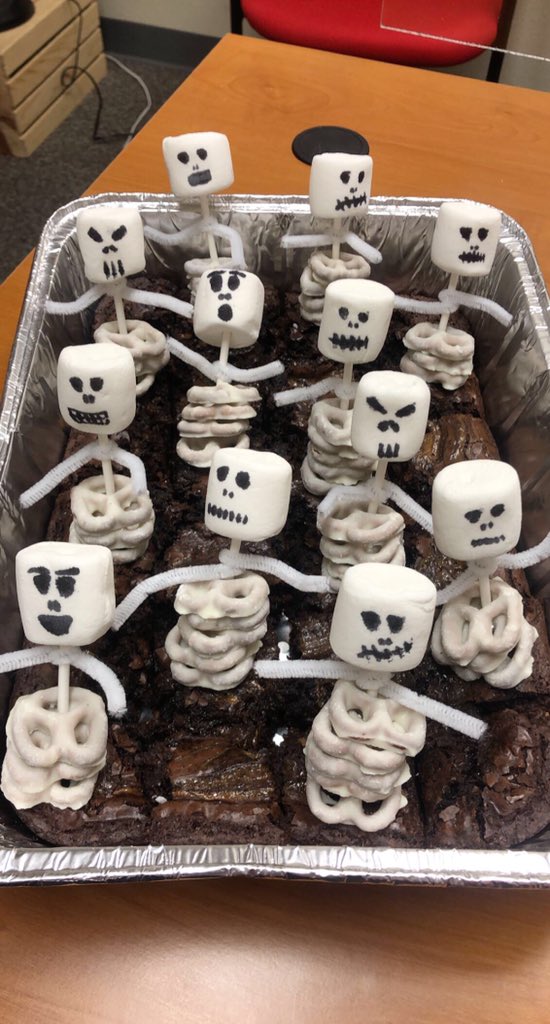 TrishaMontalvo1's tweet photo. Covid cancelled @Corral3Ohs third annual Halloween treat contest but luckily @OHS_LOTE is celebrating @ProfaBarajas bday. She requested brownies...I made her skeletons rising from the grave 💀 https://t.co/iwSNHPIUbU