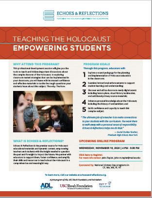 NatHistoryDayMA's tweet photo. #NHD New England is teaming up with @EchoesReflect to offer a FREE 90 min teacher webinar on 11/18.  Get tools to teach and initiate important discussions about the the Holocaust through the lens of #CommunicationInHistory.

Learn more and register here: https://t.co/sXNGT9sO4p https://t.co/FpDLwiVDAa