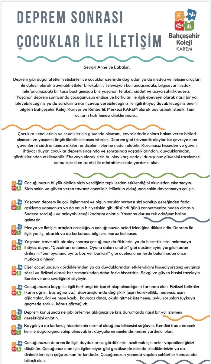 Deprem vb. travmatik olaylardan sonra çocuklarımıza nasıl yaklaşmalıyız? 
Geçmiş olsun🙏 #izmir 

<a href="/bahcesehir_k12/">Bahçeşehir Koleji</a> 
<a href="/EnverYucel/">EnverYucel</a> @dagozlem <a href="/ErkenCocukluk/">Hale Güneş</a> <a href="/sedayarimbas/">Seda Yarımbaş</a> 
#deprem #KAREM