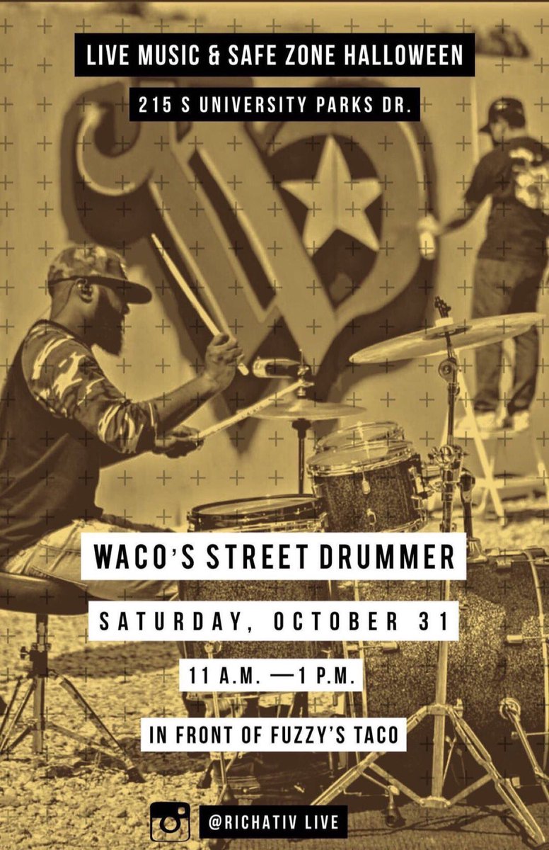 RichardAThomps4's tweet photo. Bring the kiddos out for a safe fun trick or treat @fuzzyswaco .....mask and costumes are welcomed thank you #wacostreetdrummer #waco #wacotown #trickortreat #safezone #drummer https://t.co/8Egc77APSB