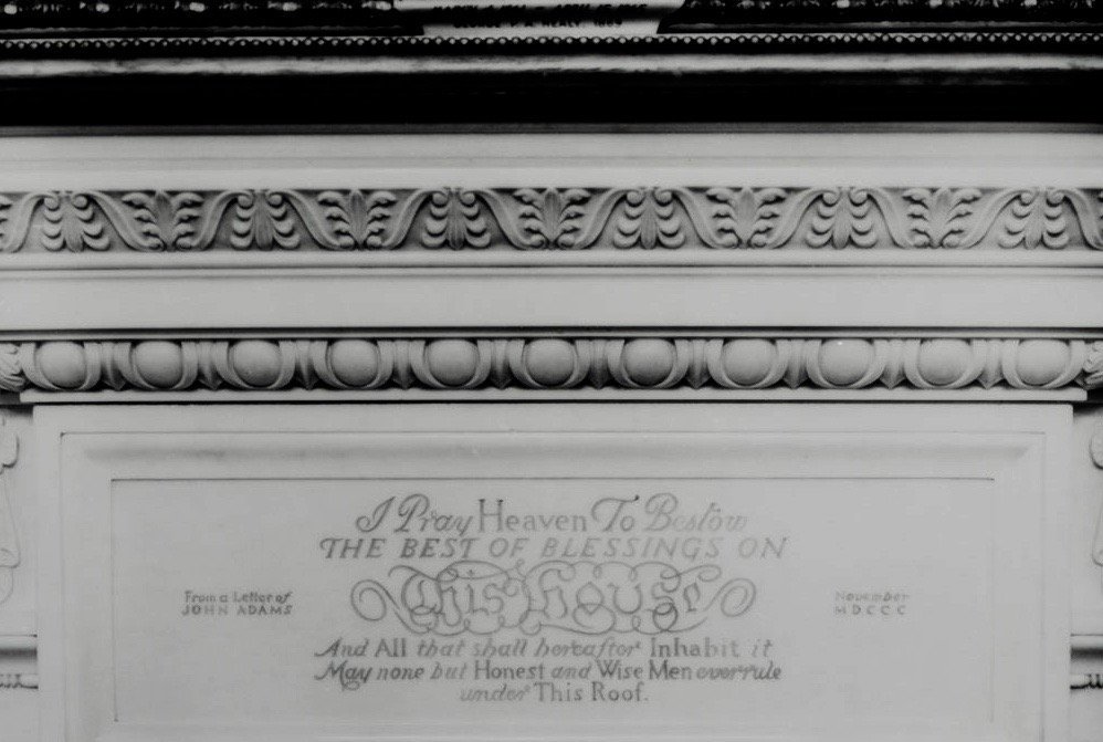 BeschlossDC's tweet photo. The White House State Dining Room's fireplace is inscribed with the wish of President John Adams (born 285 years ago today) — “May none but Honest and Wise Men ever rule under This Roof”: https://t.co/vrs9Std6E8