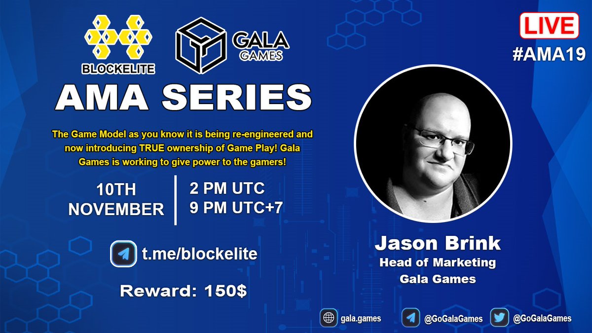 blockelite's tweet photo. Blockelite is pleased to announce our #AMA19 with Gala Games on 10th November at 2 PM UTC I 9 PM UTC+7
Total Reward: 150$
Rules:
1. Detail: https://t.co/xAZS34kAgJ
2. Follow @blockelite & @GoGalaGames
3. Join: https://t.co/VwknatIBEJ
4. Like, rt, ask questions https://t.co/ru1pQUg5Xa