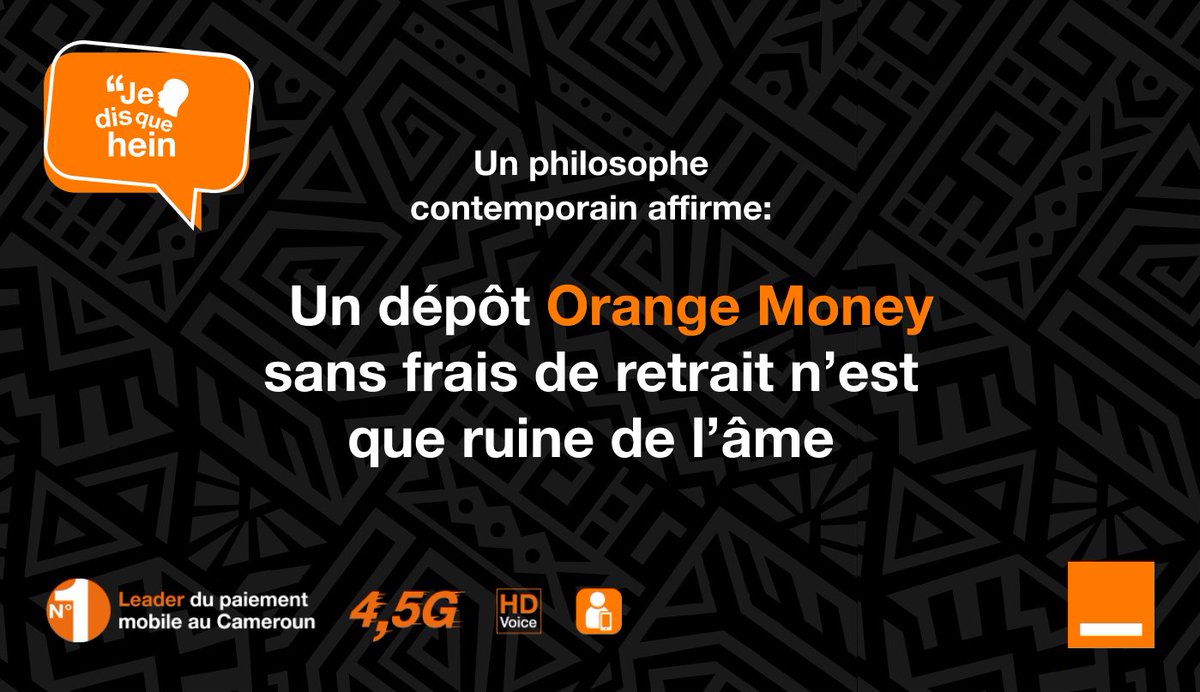 Orange_Cameroun's tweet photo. [Je dis que hein…]

Vous êtes plutôt dépôt Orange Money avec ou sans frais de retrait ? 

Partagez avec nous vos avis et taguer vos potes en commentaire 😊.

#Jedisquehein 
#weekend #OrangeMoney https://t.co/wKUf5l3PkN