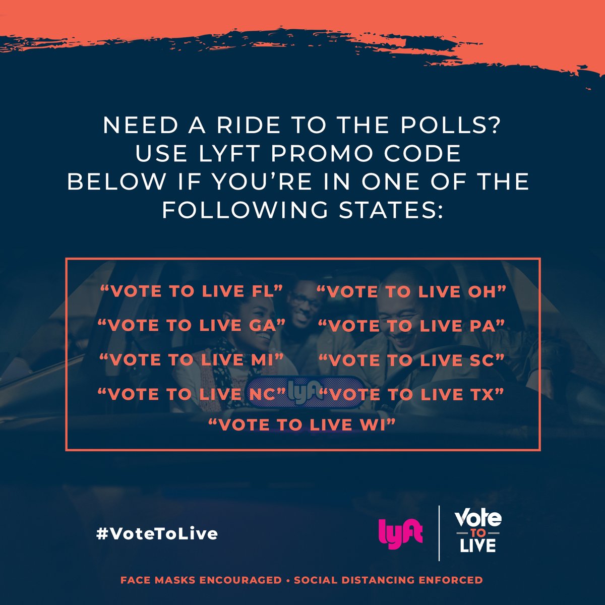 If you're a voter in FL, GA, MI, NC, OH, PA, SC, TX, or WI who doesn't have transportation, the  @CollectivePAC's  #VoteToLive campaign has partnered with  @lyft to provide $30 account credits for rides to & from the polls.