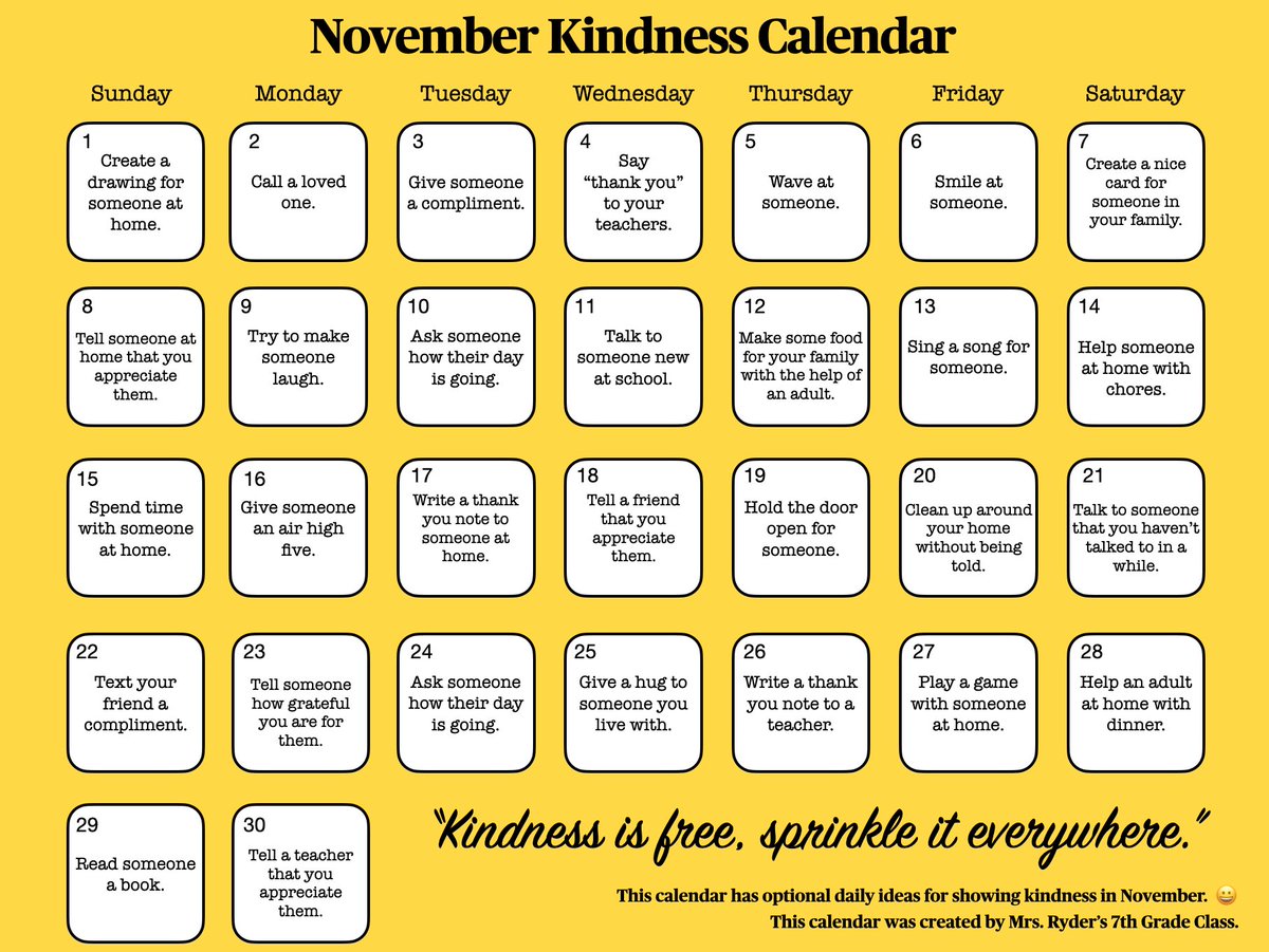 MrsRyderEDU's tweet photo. My amazing class helped me brainstorm possible ideas for an optional kindness calendar. If you use some or any of these ideas w/ your class please let me know. There are 30 optional daily ideas. Here is the link to print: https://t.co/1flZOV0eJv #dg58pride #dg58learns #on58learns https://t.co/qdMjwfqwQD