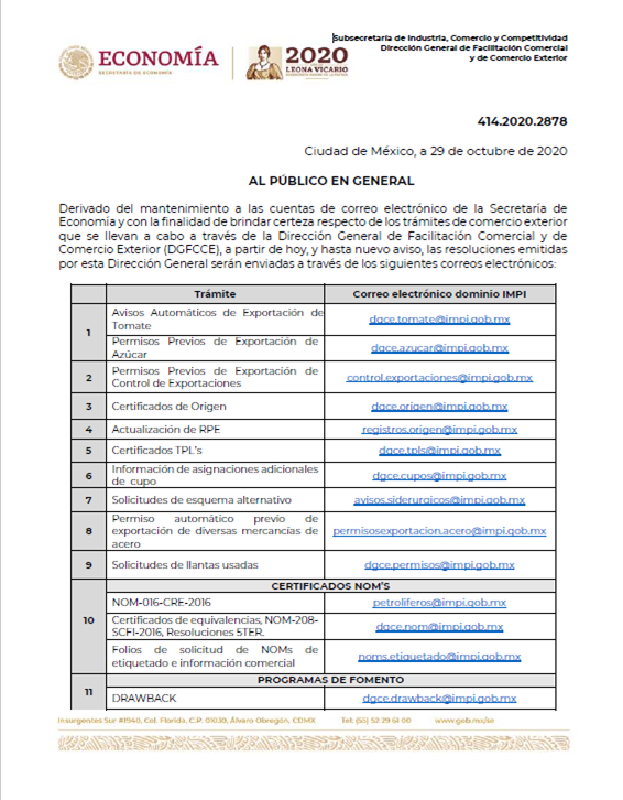 SNICEmx's tweet photo. ⚠️IMPORTANTE⚠️

A partir de hoy, y hasta nuevo aviso, las resoluciones de los trámites de comercio exterior a cargo de la DGFCCE de la @SE_mx se enviarán a través de las siguientes cuentas de correo electrónico⤵️ https://t.co/ZLN5xbK6ro