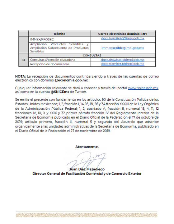SNICEmx's tweet photo. ⚠️IMPORTANTE⚠️

A partir de hoy, y hasta nuevo aviso, las resoluciones de los trámites de comercio exterior a cargo de la DGFCCE de la @SE_mx se enviarán a través de las siguientes cuentas de correo electrónico⤵️ https://t.co/ZLN5xbK6ro