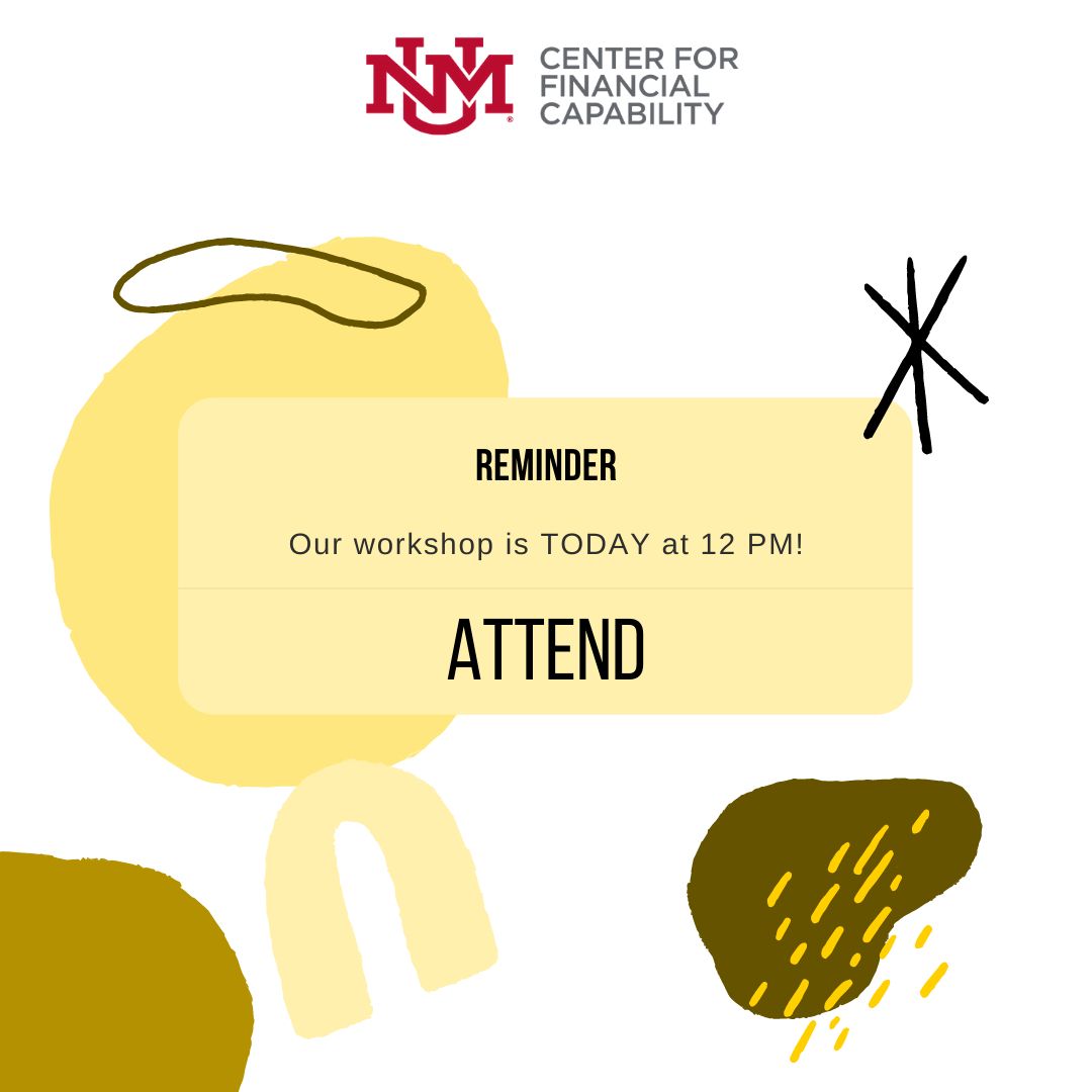 UNMCFC's tweet photo. Our workshop is in ONE HOUR! Come learn about some basics of financial empowerment and enter for a chance to win a $100 scholarship or one of four $25 awards! See you soon Lobos! 🥳 Zoom link in bio https://t.co/WdEN2DT3By