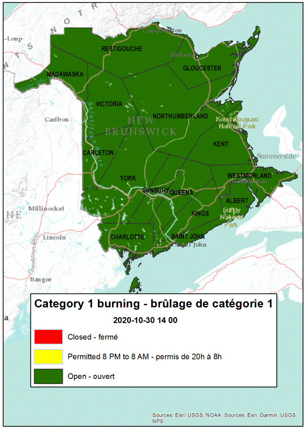 NBForestFires's tweet photo. Burning conditions are valid from 2 PM October 30th to midnight (12 AM) October 31st .

All counties are open for burning https://t.co/rSMQcE6eHD