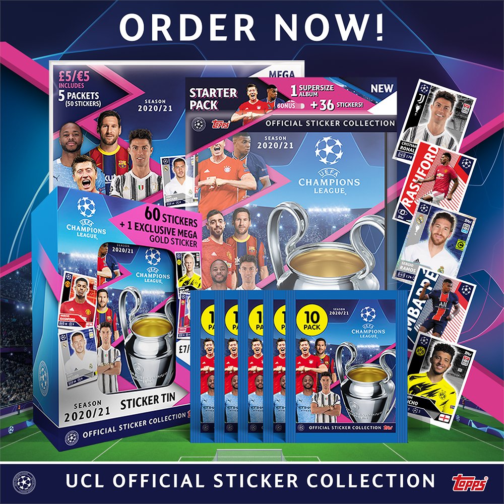 Topps_UK's tweet photo. The new 2020/21 UEFA Champions League sticker collection is here! 

The Kick-off Bundle includes: Album pack, Multi-pack, and Collector Tin with 30 bonus stickers! 

Order this exclusive bundle at https://t.co/VPRJzSQY3A

#ucl #uclstickers #footballstickers #footystickers #topps https://t.co/cIfXU3bHdh