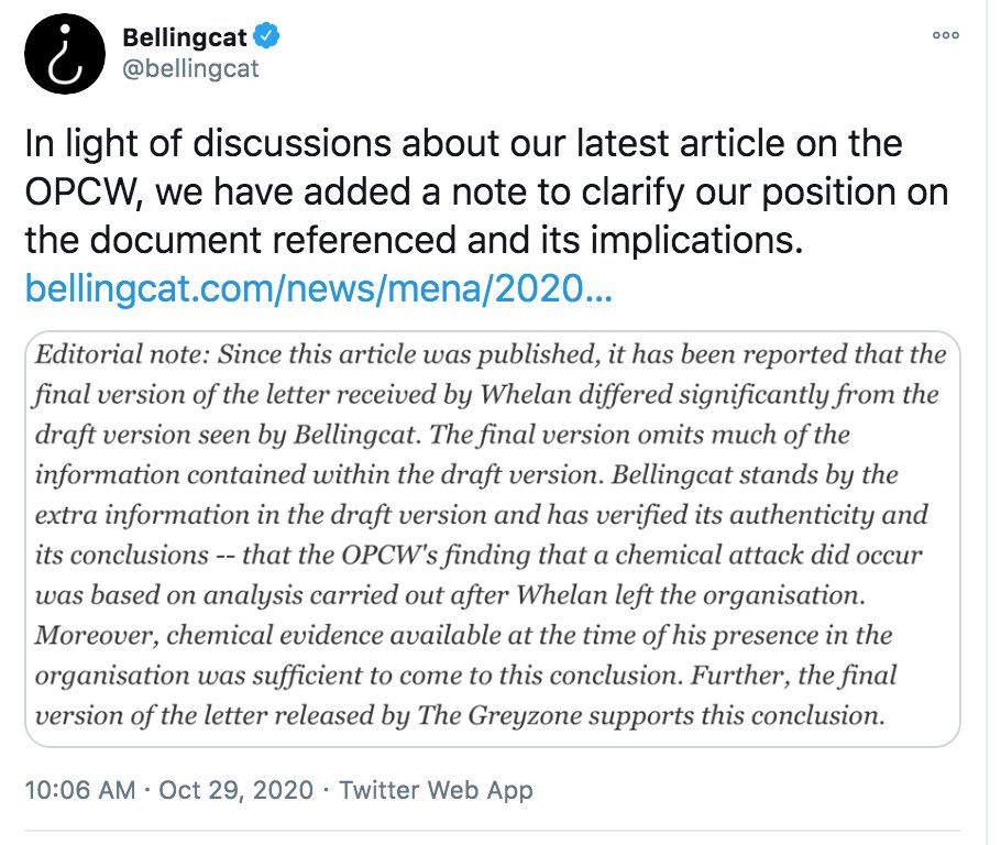 Recap:  @Bellingcat published part of OPCW "letter." They claimed it proved: a Syrian chemical attack; no OPCW cover-up; Russia-Syria admitting guilt; AND me & others possibly concealing it! @TheGrayzoneNews then exposed that the "letter" was never actually sent, plus ridiculous.