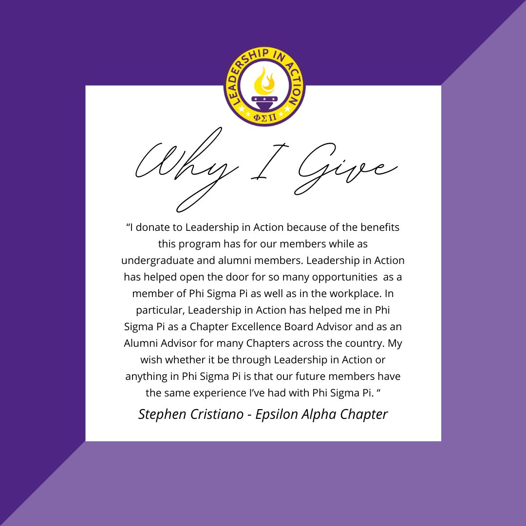 phisigmapi's tweet photo. β¨Why I Giveβ¨ The Leadership in Action program is so thankful for all of the generous donors who have supported it and we wanted to recognize a few donors. First, Epsilon Alpha Chapter Alumni and CEB Advisor, Stephen Cristiano. #pspleadership https://t.co/d4IDKaQqTs