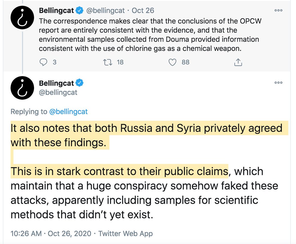 Recap:  @Bellingcat published part of OPCW "letter." They claimed it proved: a Syrian chemical attack; no OPCW cover-up; Russia-Syria admitting guilt; AND me & others possibly concealing it! @TheGrayzoneNews then exposed that the "letter" was never actually sent, plus ridiculous.