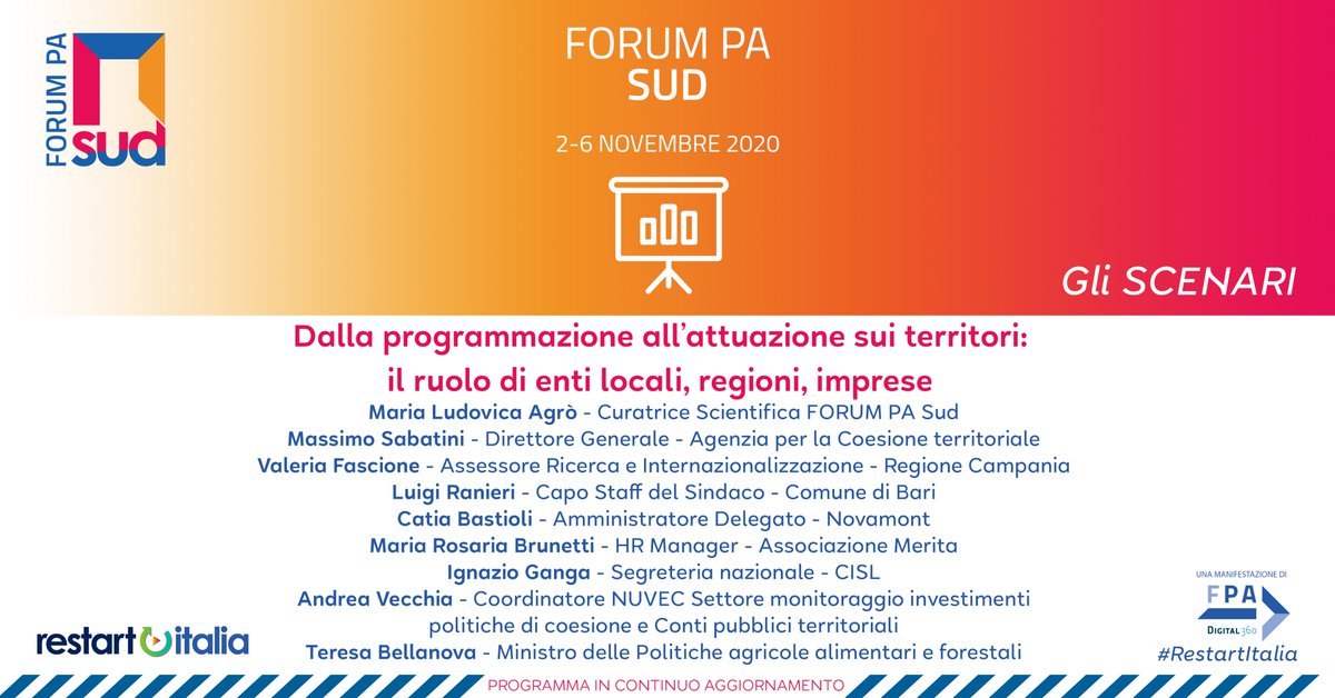 FPA_net's tweet photo. 📕📙Dalla programmazione all’attuazione sui territori: il ruolo di enti locali, regioni, imprese

Come far funzionare la coesione sui territori? 
Per saperlo segui #FORUMPASUD #RestartItalia 
6 novembre 👉https://t.co/Fl2ZuWsm29
Con l'intervento della Ministra @TeresaBellanova https://t.co/cjh9DaSP8j