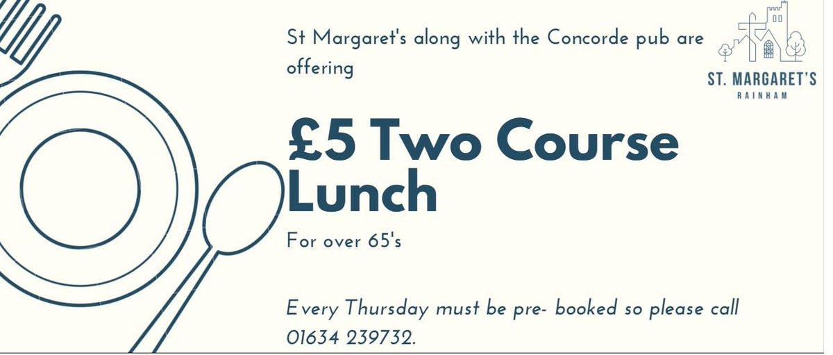 The Concorde Pub have also agreed to hold a £5 two course lunch for the over 65's every Thursday 🍽️  This needs to be pre-booked but you can pay on the day. 
If you know someone that may need this then please do let them know and share with your community 🙏 #rainhamcares