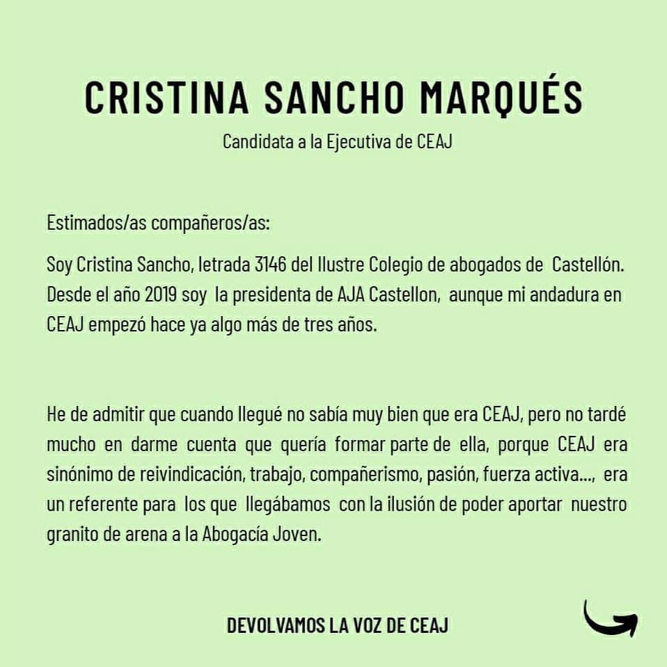 AJA_Castellon's tweet photo. Desde Aja Castellón le deseamos toda la suerte a nuestra Presidenta @crisanma en las elecciones a #CEAJ como componente de la candidatura #unamosceaj Estamos contigo Presi!!! https://t.co/OQwAHlar3o