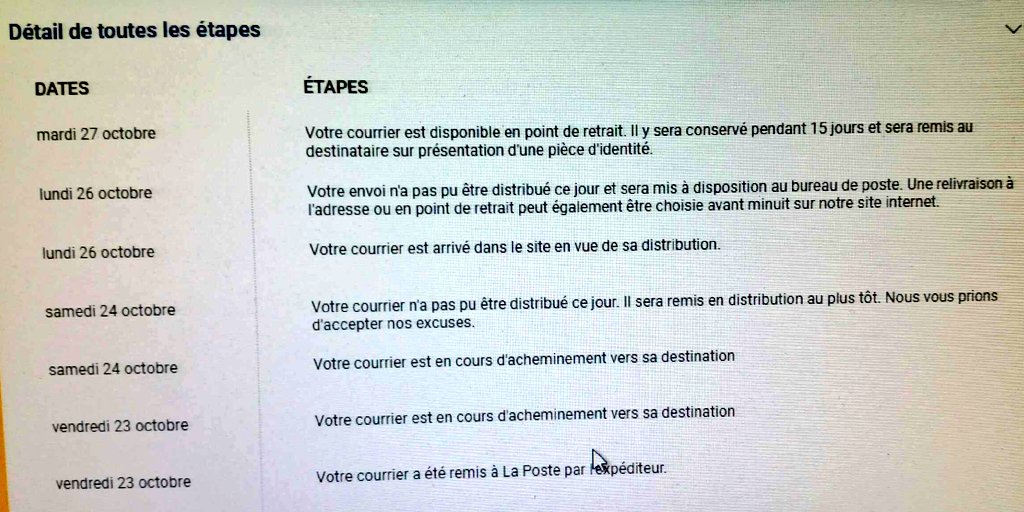 JBLaurent's tweet photo. Merci @lisalaposte !
La prochaine fois j'irai chercher le colis chez l'expéditeur! En plus ça sera peut-être moins cher!
Le suivi indique quand même clairement que personne n'a essayé de livrer le colis! (donc pas d'avis de passage). Comment savoir qu'il est au point de retrait?! https://t.co/GelITX2BCF