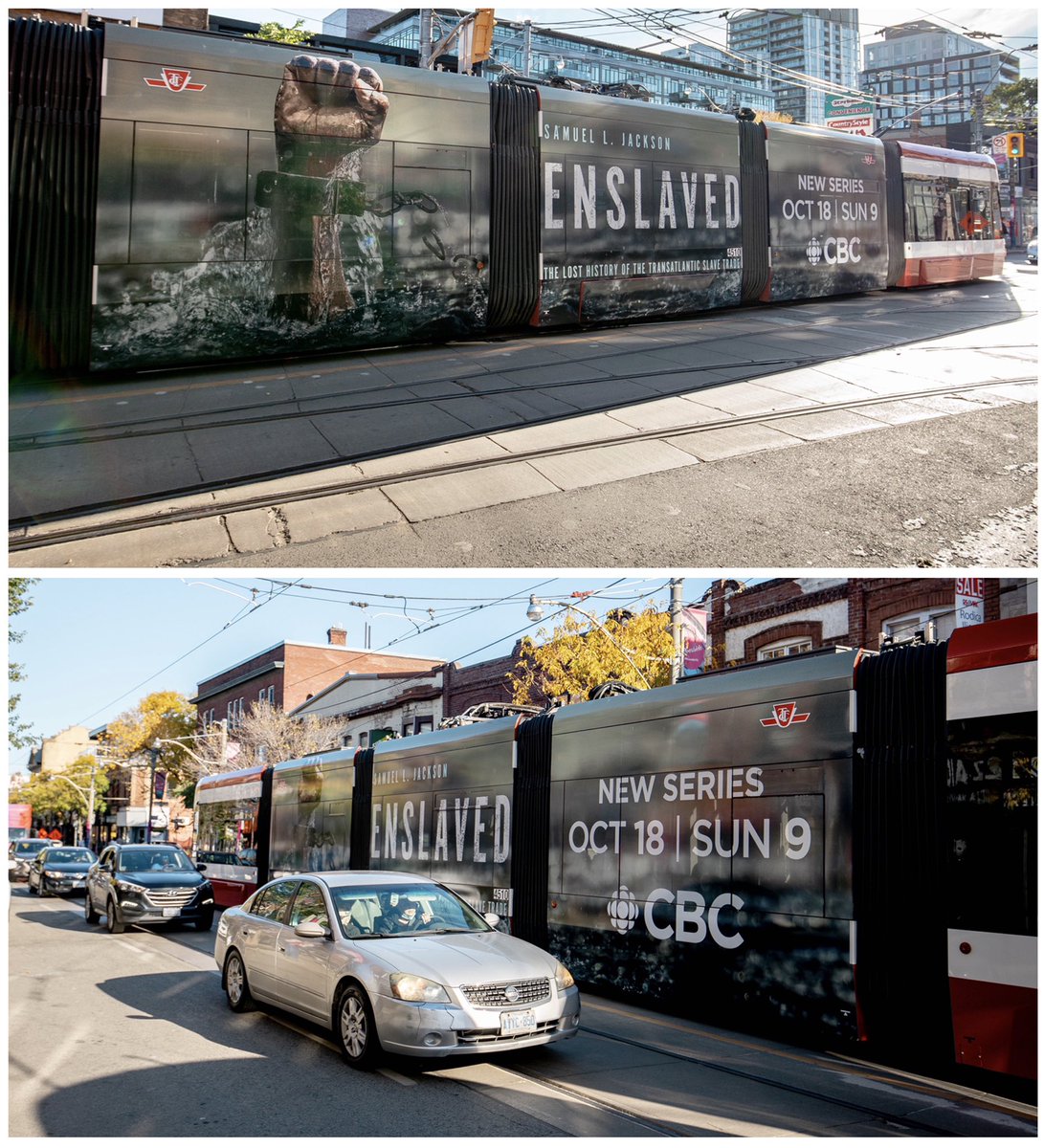 pattisonoutdoor's tweet photo. #CBC’s newest series @EnslavedDoc hits the streets with Flexity Triple Murals driving through Toronto, ON today. #NowLive #TransitOOH #TTC https://t.co/enzP3A88HY
