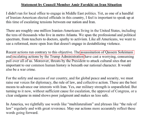 22)Farokhi says he “didn’t run for office to engage in Middle East politics” but criticizes the Trump admin for the “assassination” of Soleimani without mentioning how he led terrorist militias into killing, wounding & displacing millions of civilians. And killing U.S. soldiers.