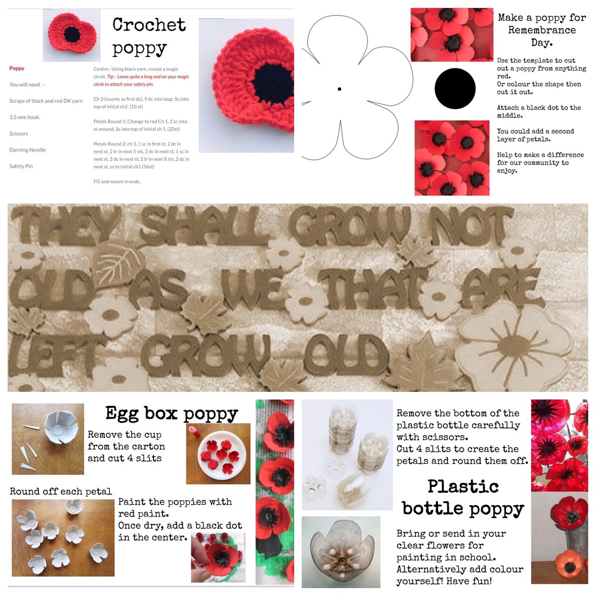 SJPHeadteacher's tweet photo. A recap of a few different ways to create a poppy for our remembrance installation. Looking forward to sharing the community piece when completed. Please leave your poppies in reception for collection or bring to Art2. #WeWillRemember #CelebratingCreativity #TimeToMake https://t.co/O95i84I67E