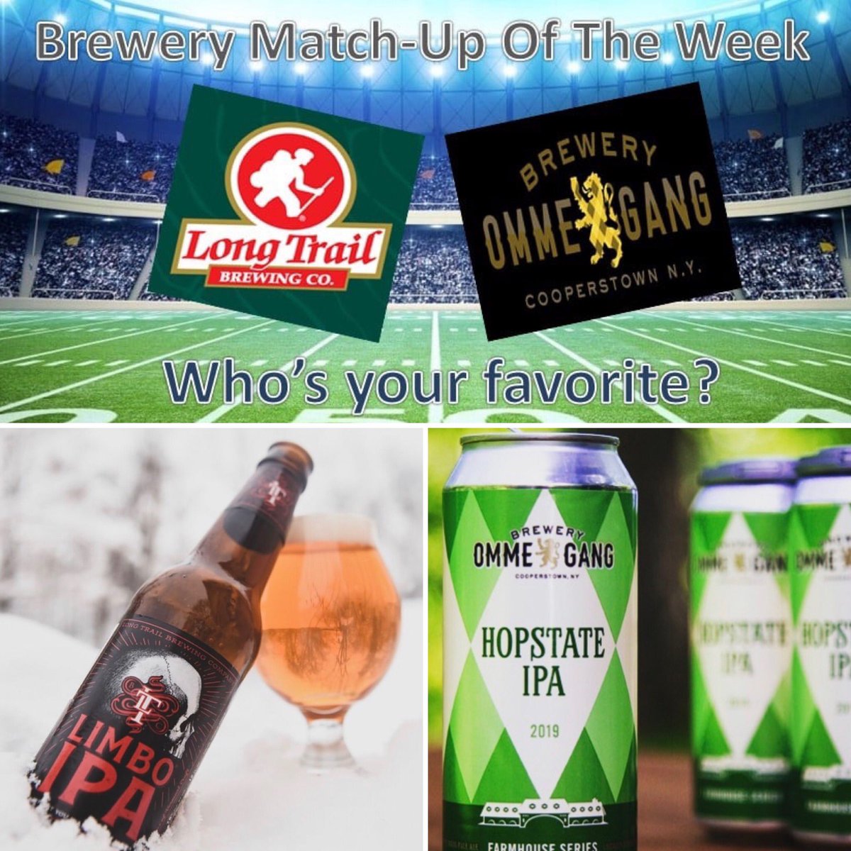 ShorePointDist's tweet photo. Our brewery match-up of the week is Vermont's own @longtrailbeer vs. @breweryommegang from Upstate New York! Who's your favorite? Sound off in the comments, and this Sunday post pics of which you’re drinking during the games. #craftbeer #hopbombs #limboipa #hopstateipa https://t.co/FGrhqzJpkJ