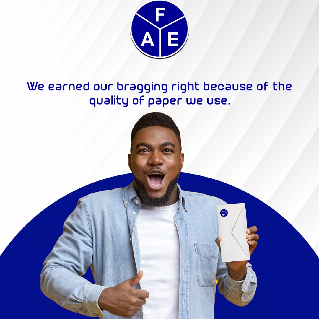 FaeLimited's tweet photo. When your product is QUALITY, you can't but bragš. We are that bankableš.
Don't forget to place your orders via our whatsApp: 08164457322, or look us up on our website: https://t.co/7l9ZpZTxPO
ā
#WeAreFAEā
#FAELimitedā
#FAEEnvelopesā
#EnvelopingWithLove https://t.co/eTQp1rb1wd