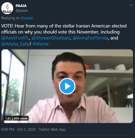 21) @AmirForATL—Atlanta City Councilor, District 2-strong ties to PAAIAFarokhi is endorsed by PAAIA & says:-“I am touched and honored to receive IAPAC’s endorsement”-“I commend IAPAC and PAAIA for their work”