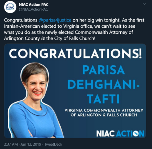 24)Parisa Dehghani-Tafti ( @parisa4justice), Commonwealth’s Attorney, Arlington County & City of Falls Church, Virginia-endorsed by NIAC